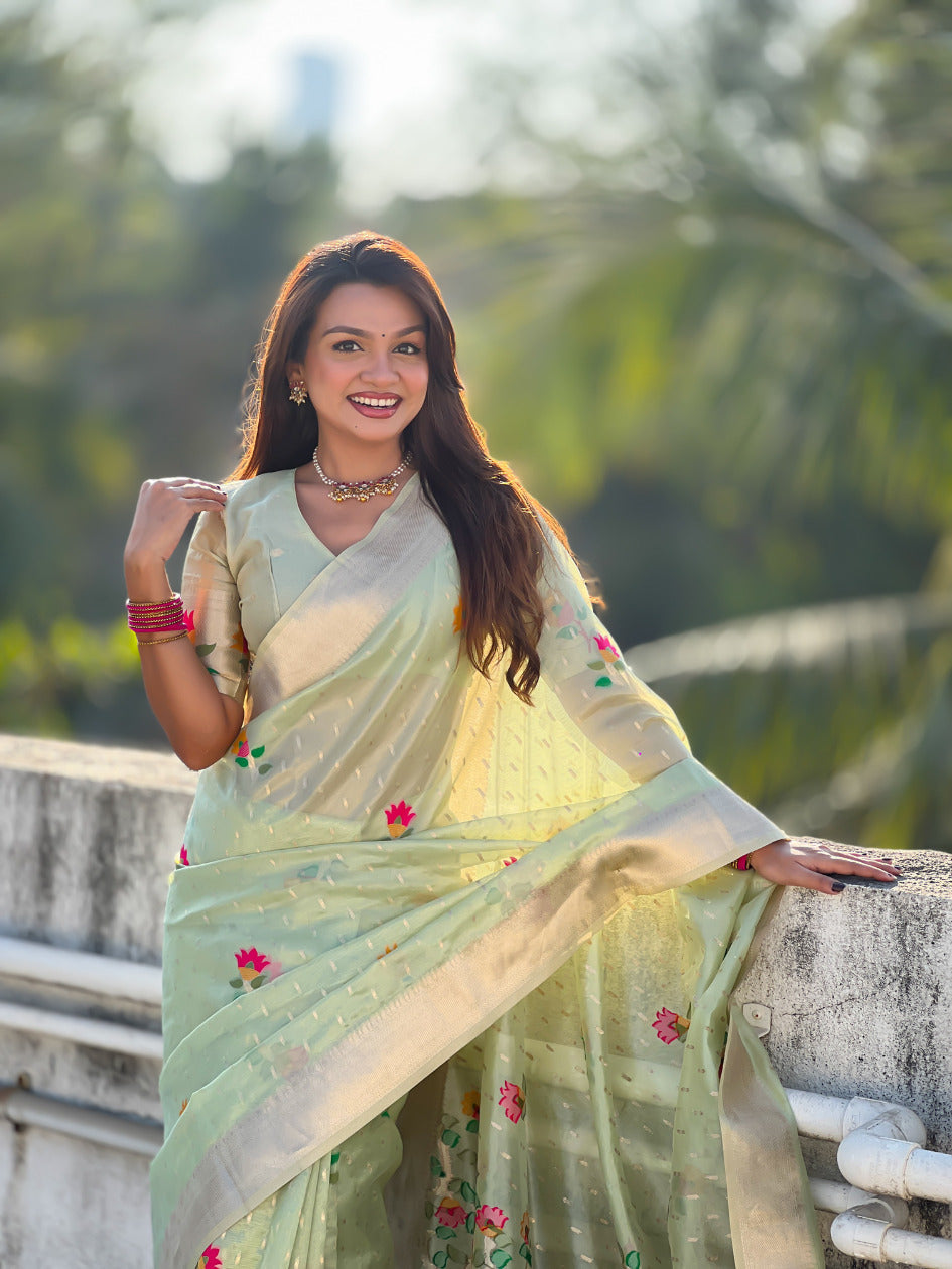 Organza Jamdani Saree with Zari Woven Pallu Festive Wear Saree with Brocade Blouse