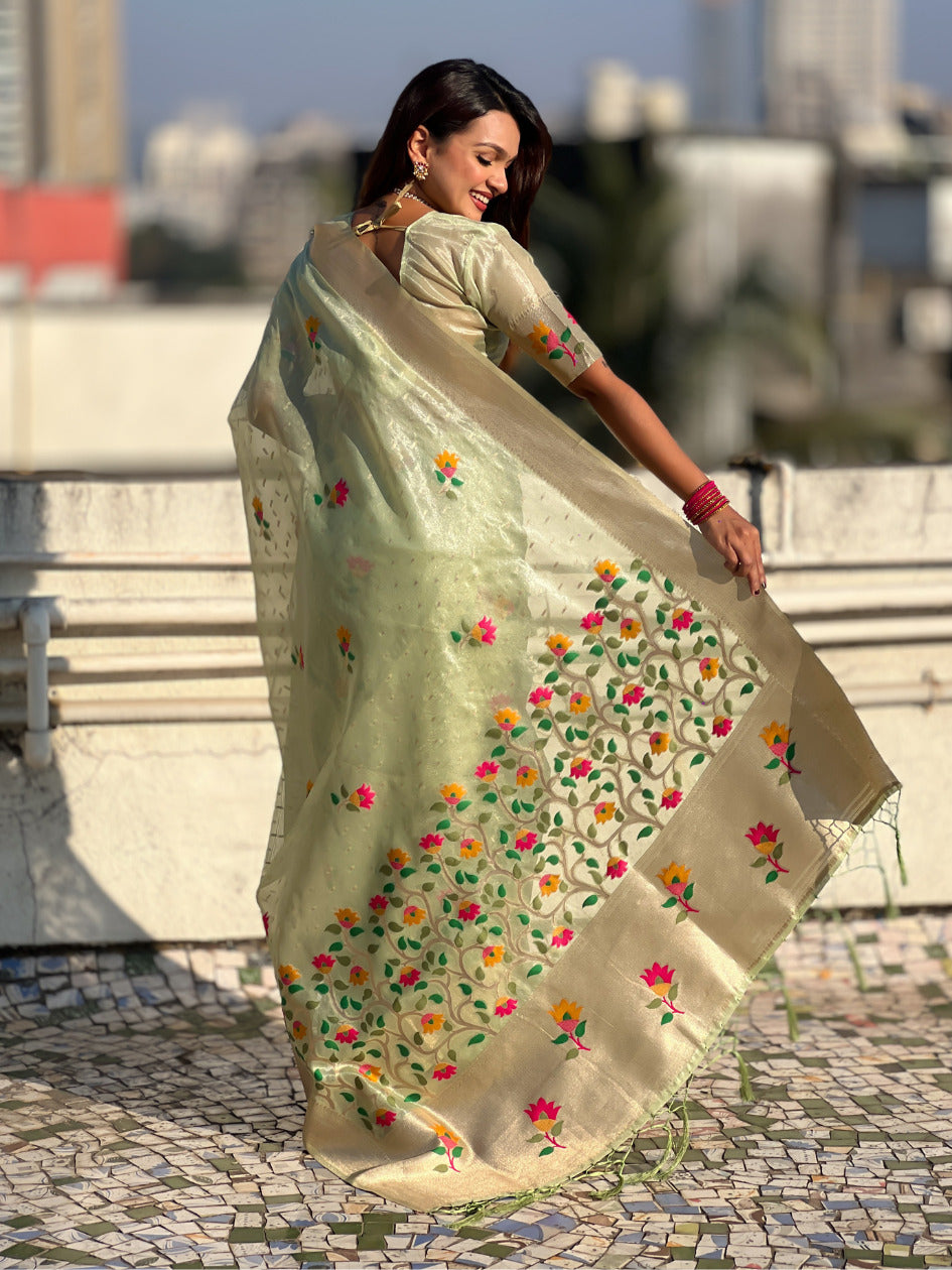 Organza Jamdani Saree with Zari Woven Pallu Festive Wear Saree with Brocade Blouse