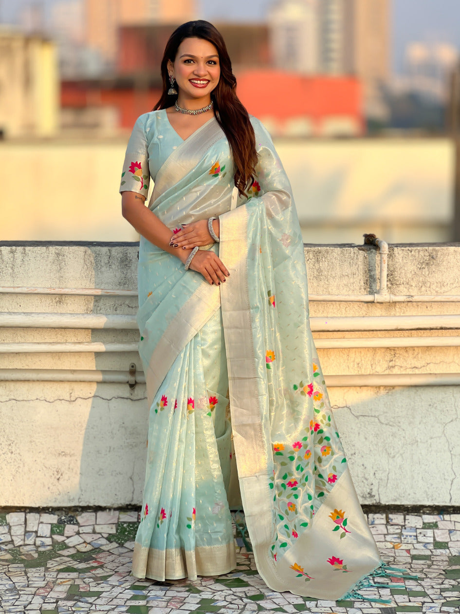 Organza Jamdani Saree with Zari Woven Pallu Festive Wear Saree with Brocade Blouse