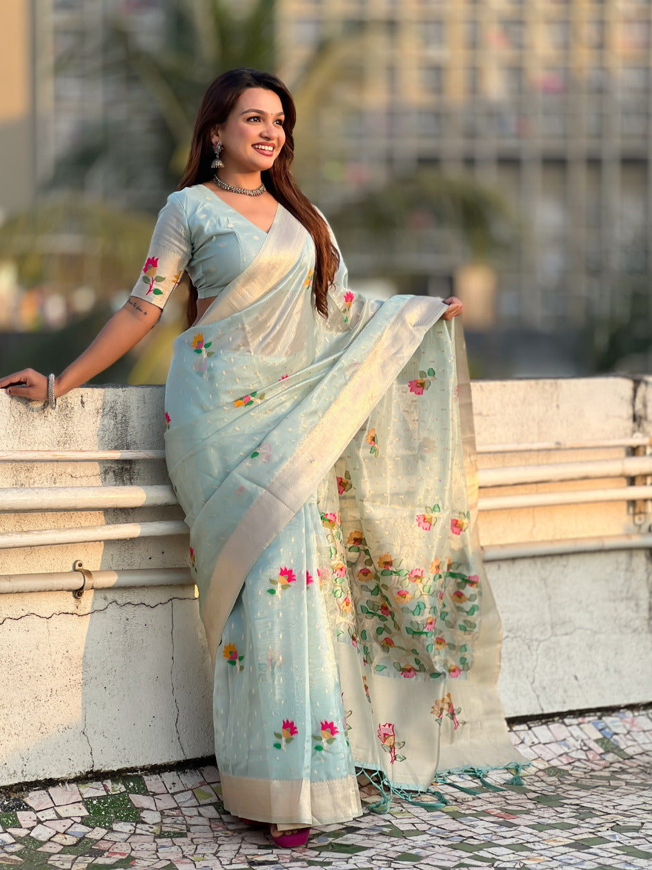 Organza Jamdani Saree with Zari Woven Pallu Festive Wear Saree with Brocade Blouse