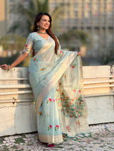 Organza Jamdani Saree with Zari Woven Pallu Festive Wear Saree with Brocade Blouse