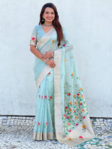 Organza Jamdani Saree with Zari Woven Pallu Festive Wear Saree with Brocade Blouse