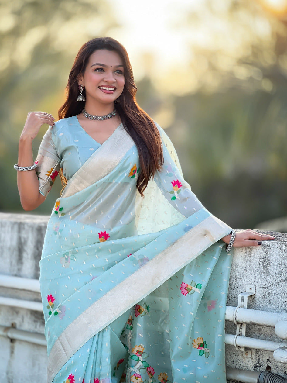 Organza Jamdani Saree with Zari Woven Pallu Festive Wear Saree with Brocade Blouse
