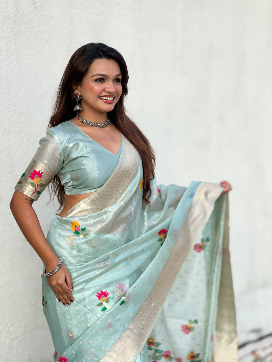 Organza Jamdani Saree with Zari Woven Pallu Festive Wear Saree with Brocade Blouse