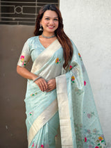 Organza Jamdani Saree with Zari Woven Pallu Festive Wear Saree with Brocade Blouse