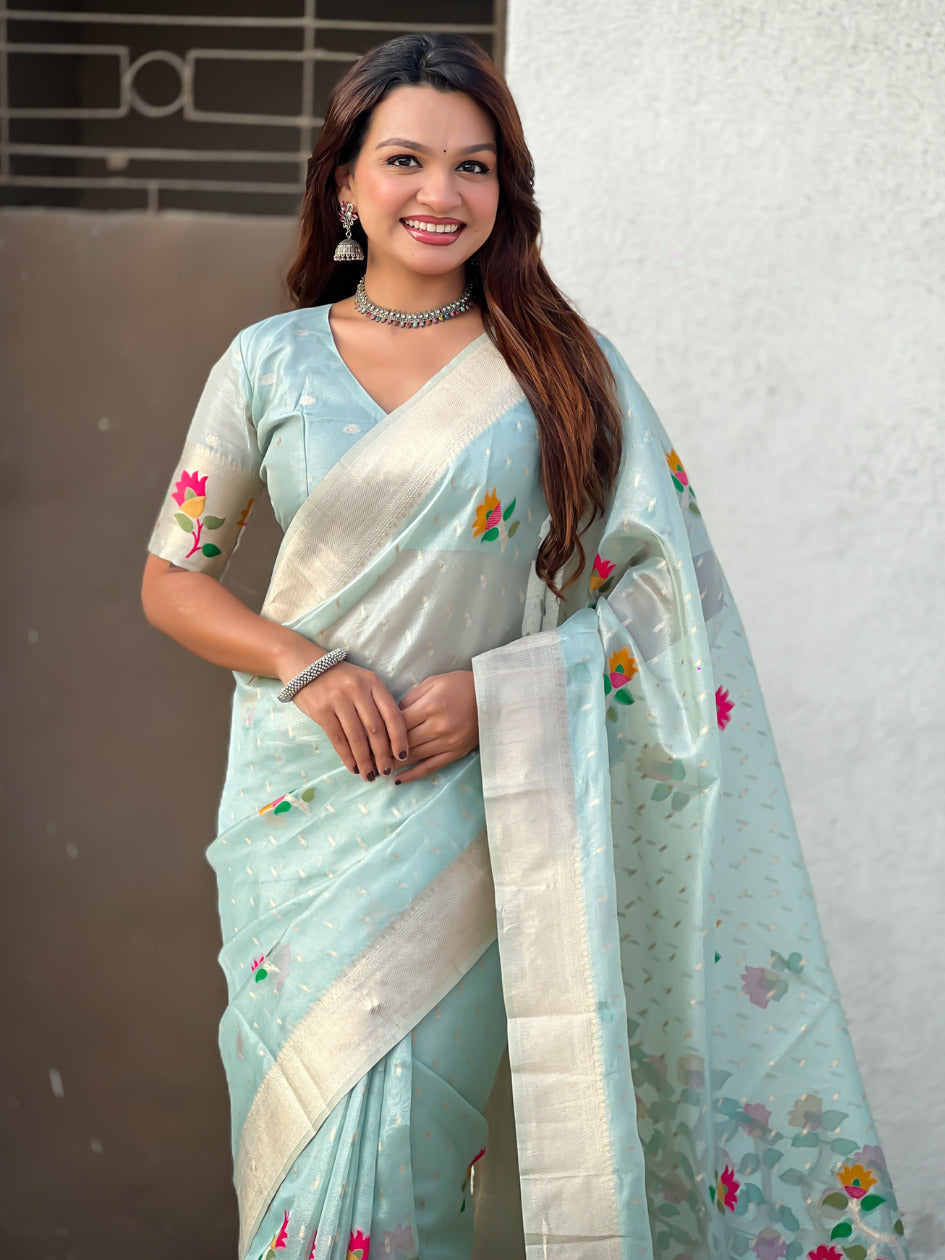 Organza Jamdani Saree with Zari Woven Pallu Festive Wear Saree with Brocade Blouse