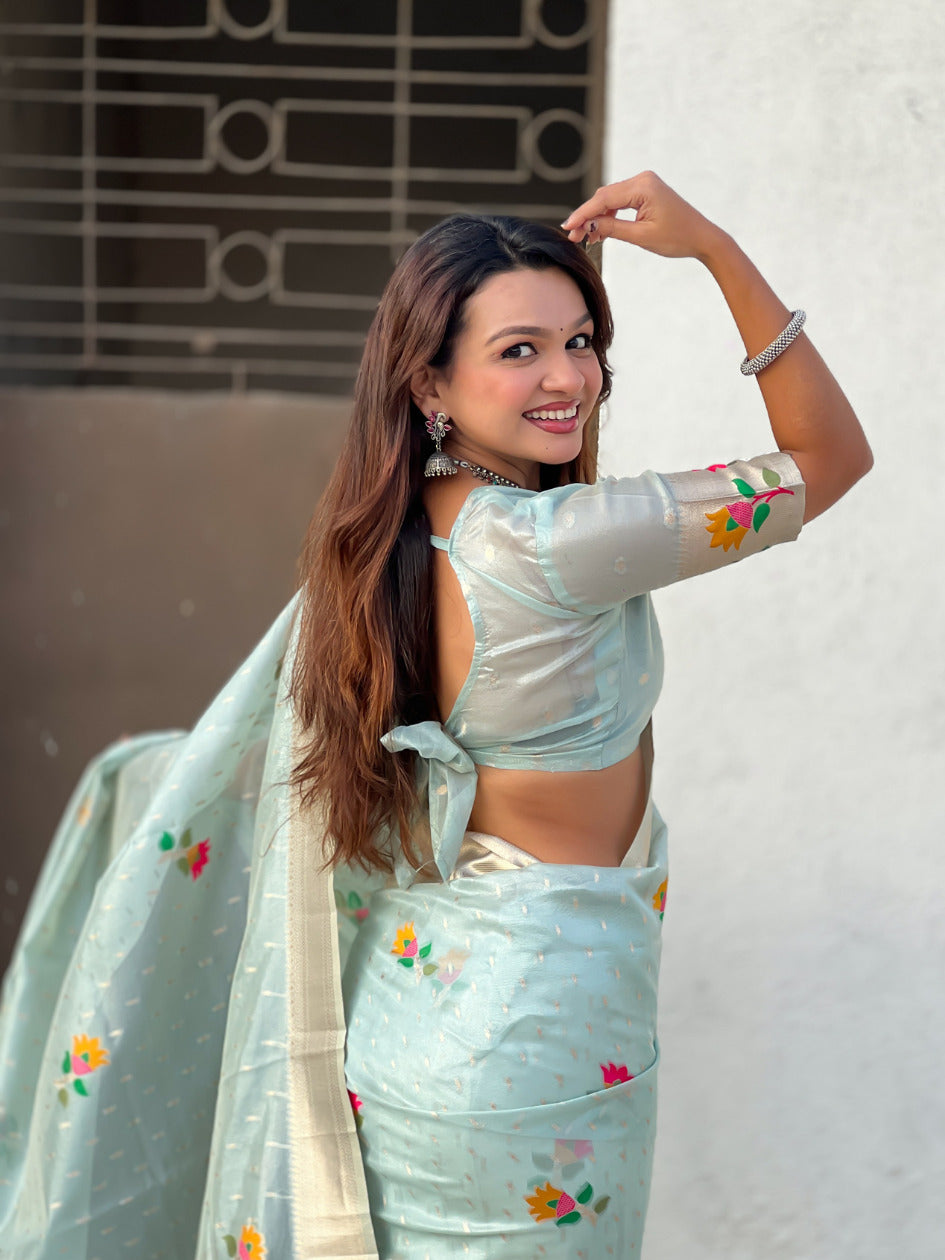 Organza Jamdani Saree with Zari Woven Pallu Festive Wear Saree with Brocade Blouse