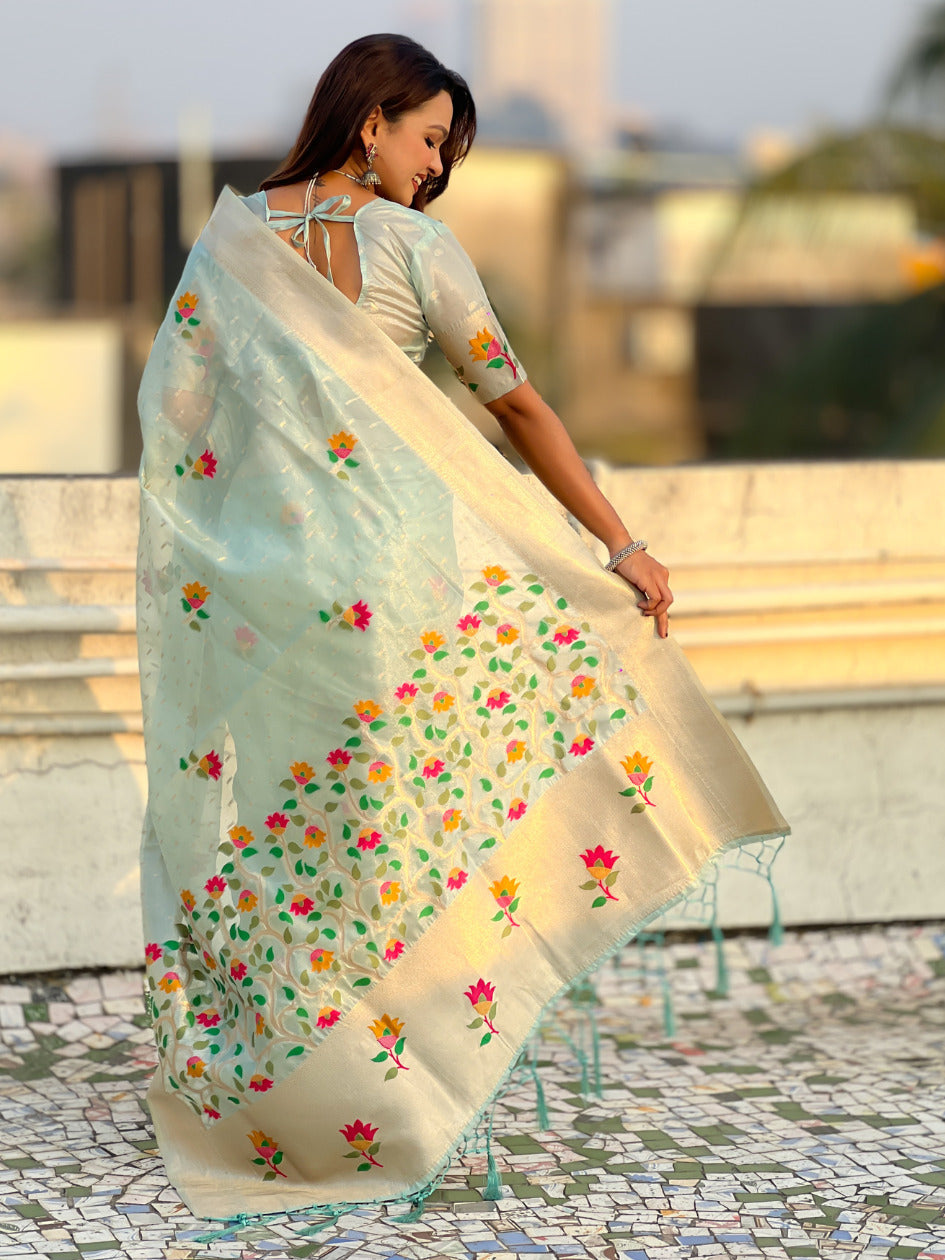 Organza Jamdani Saree with Zari Woven Pallu Festive Wear Saree with Brocade Blouse