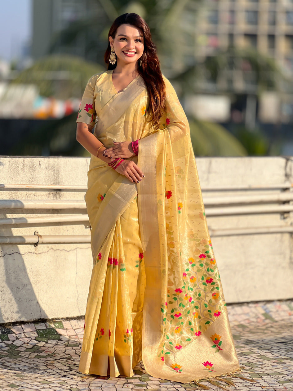Organza Jamdani Saree with Zari Woven Pallu Festive Wear Saree with Brocade Blouse