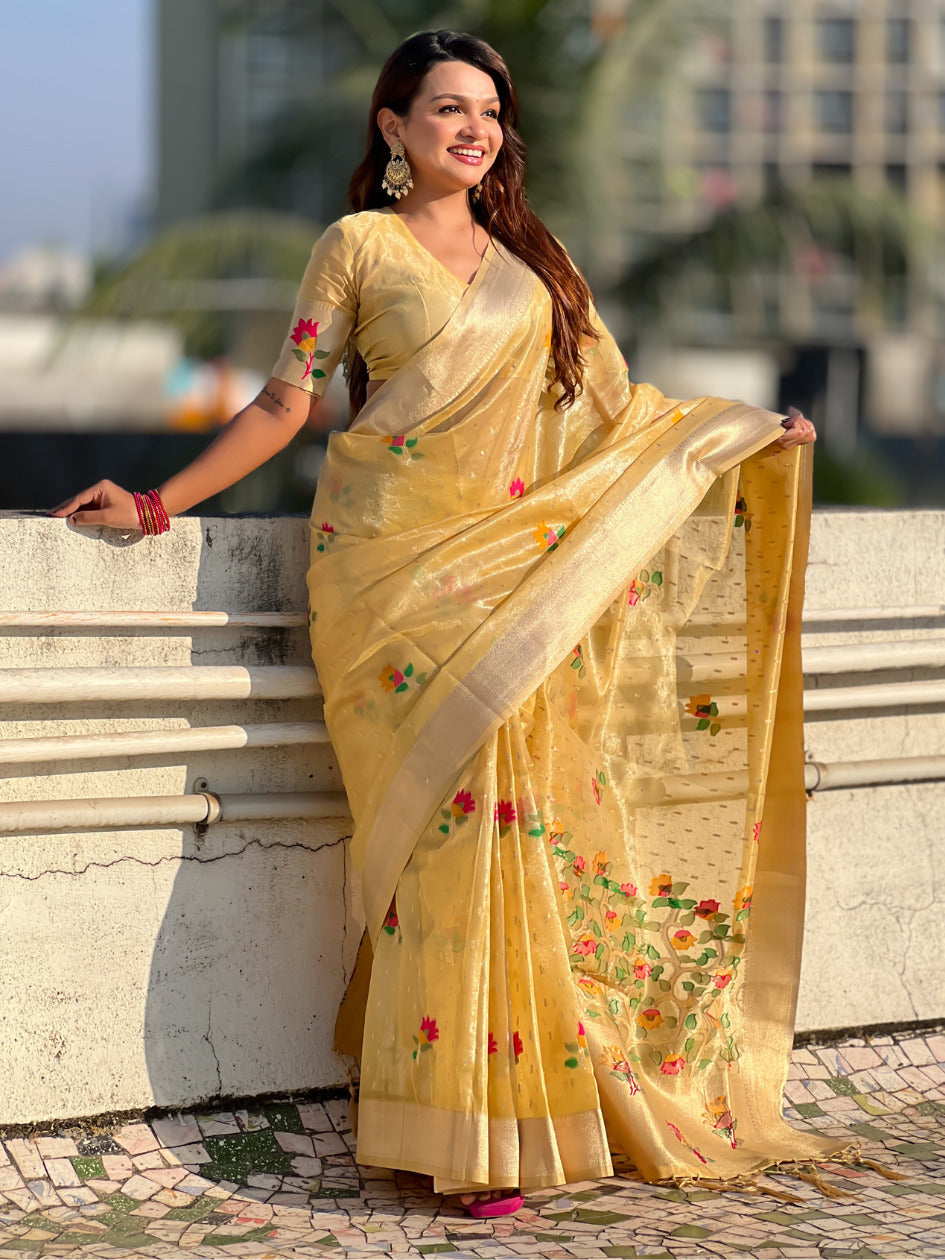 Organza Jamdani Saree with Zari Woven Pallu Festive Wear Saree with Brocade Blouse