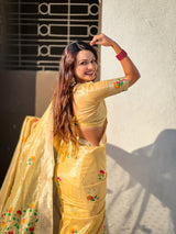 Organza Jamdani Saree with Zari Woven Pallu Festive Wear Saree with Brocade Blouse