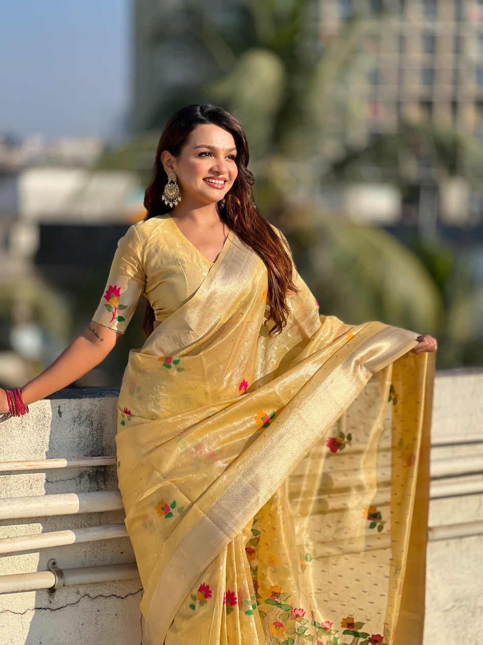 Organza Jamdani Saree with Zari Woven Pallu Festive Wear Saree with Brocade Blouse