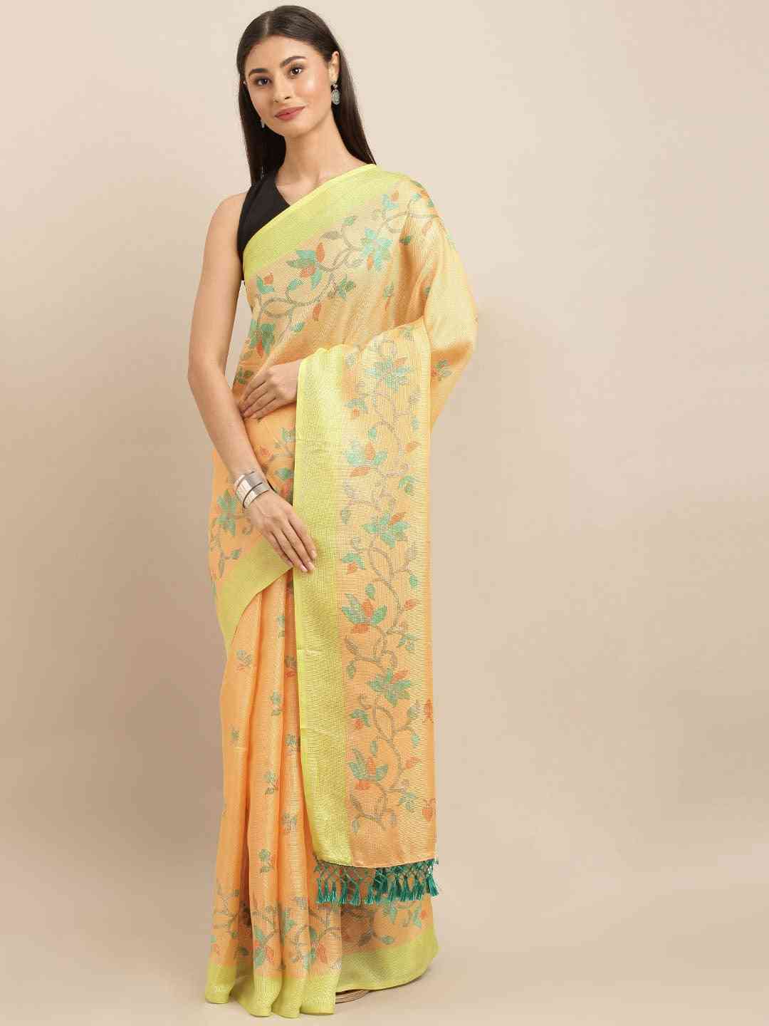 Jamdani Orange Colour Floral Print Solid Saree