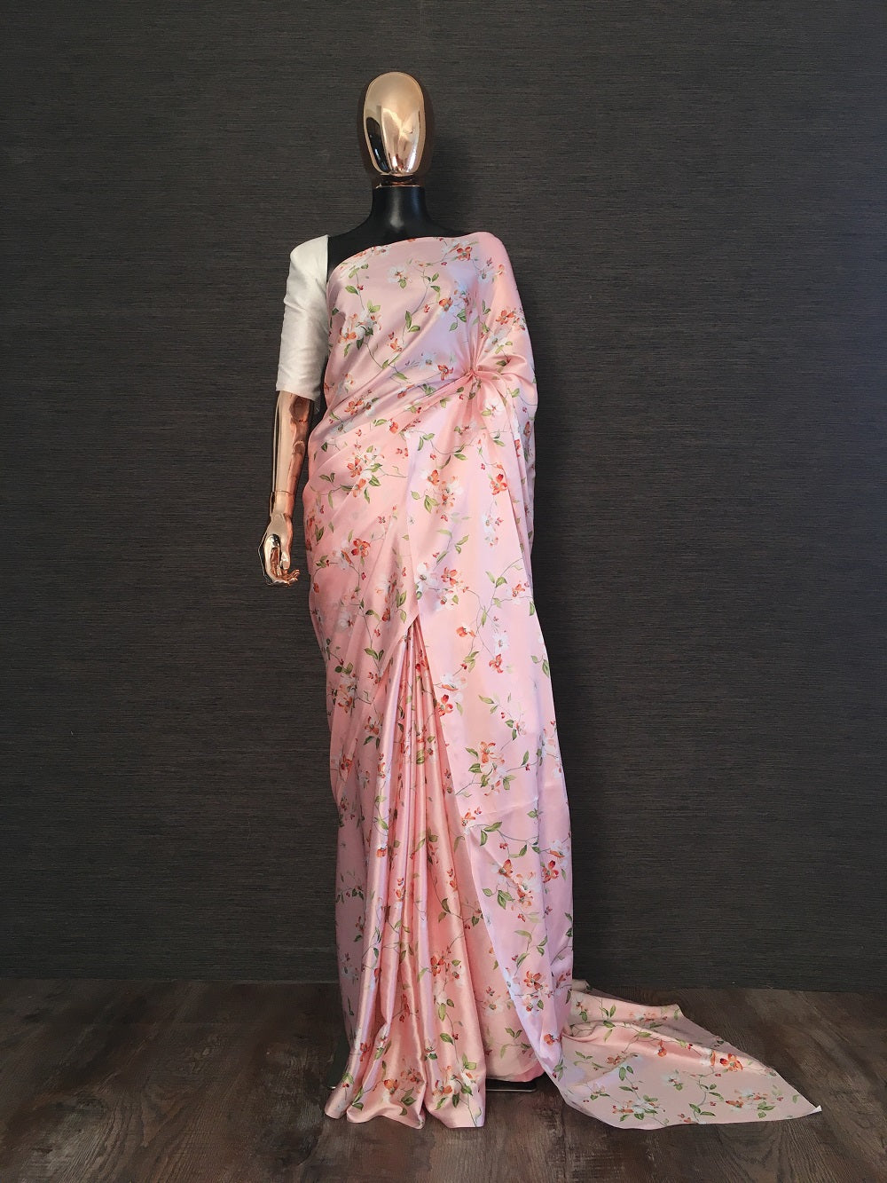 Peach Color Floral Digital Printed Japan Satin Saree