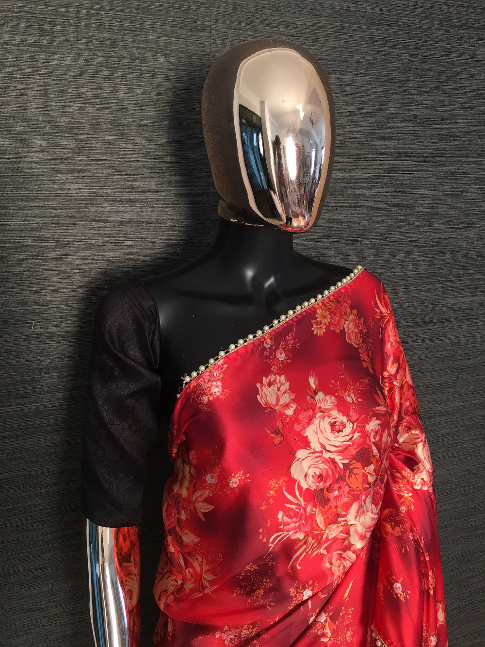 Red Color Digital Print Japan Satin Saree With Pearl Lace Border