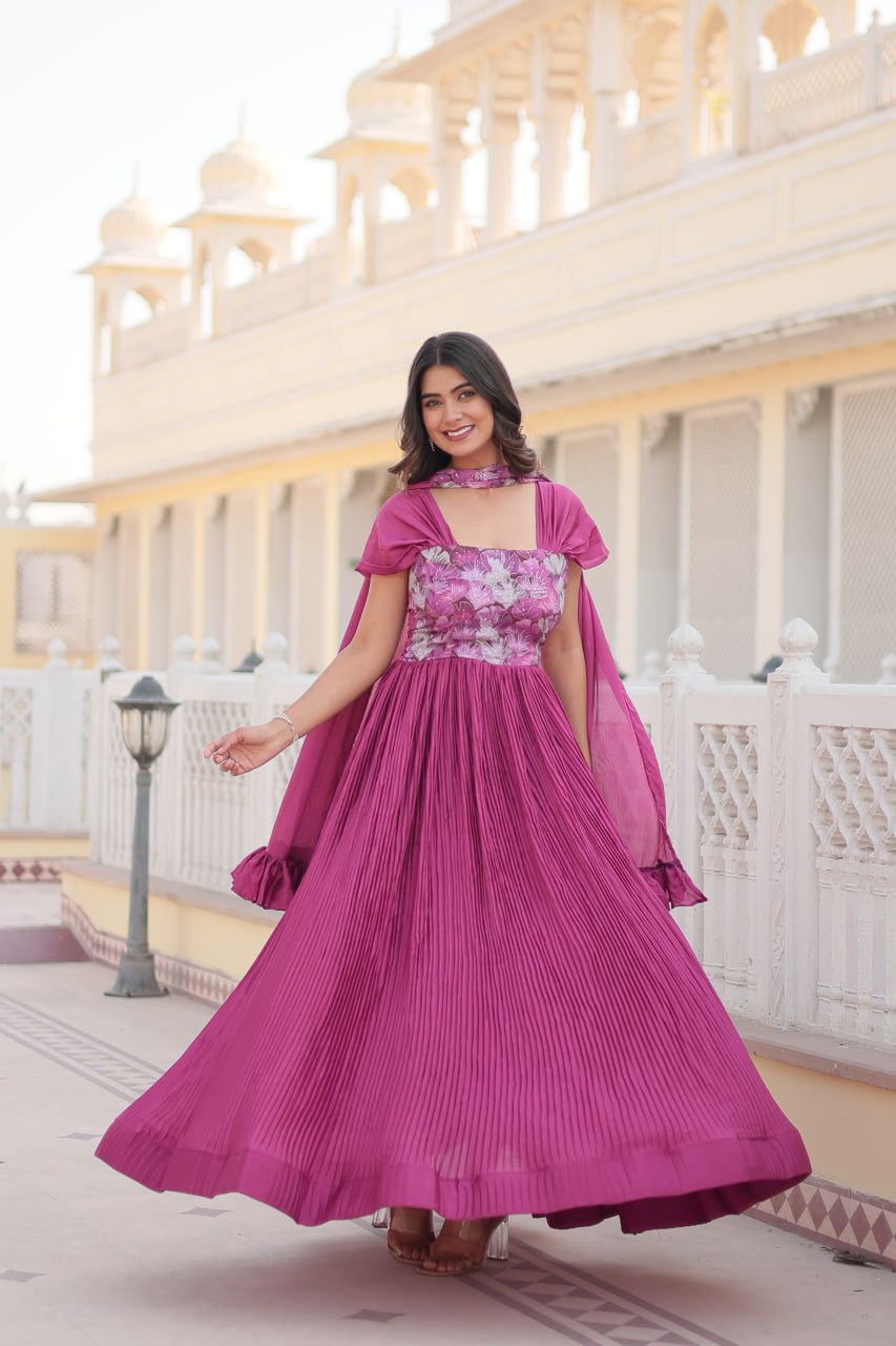 Designer Square Neck Pink Gown with Position Print, Fancy Balloon Sleeves & Matching Dupatta