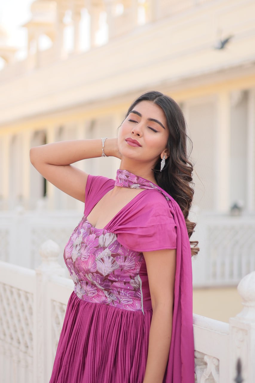 Designer Square Neck Pink Gown with Position Print, Fancy Balloon Sleeves & Matching Dupatta