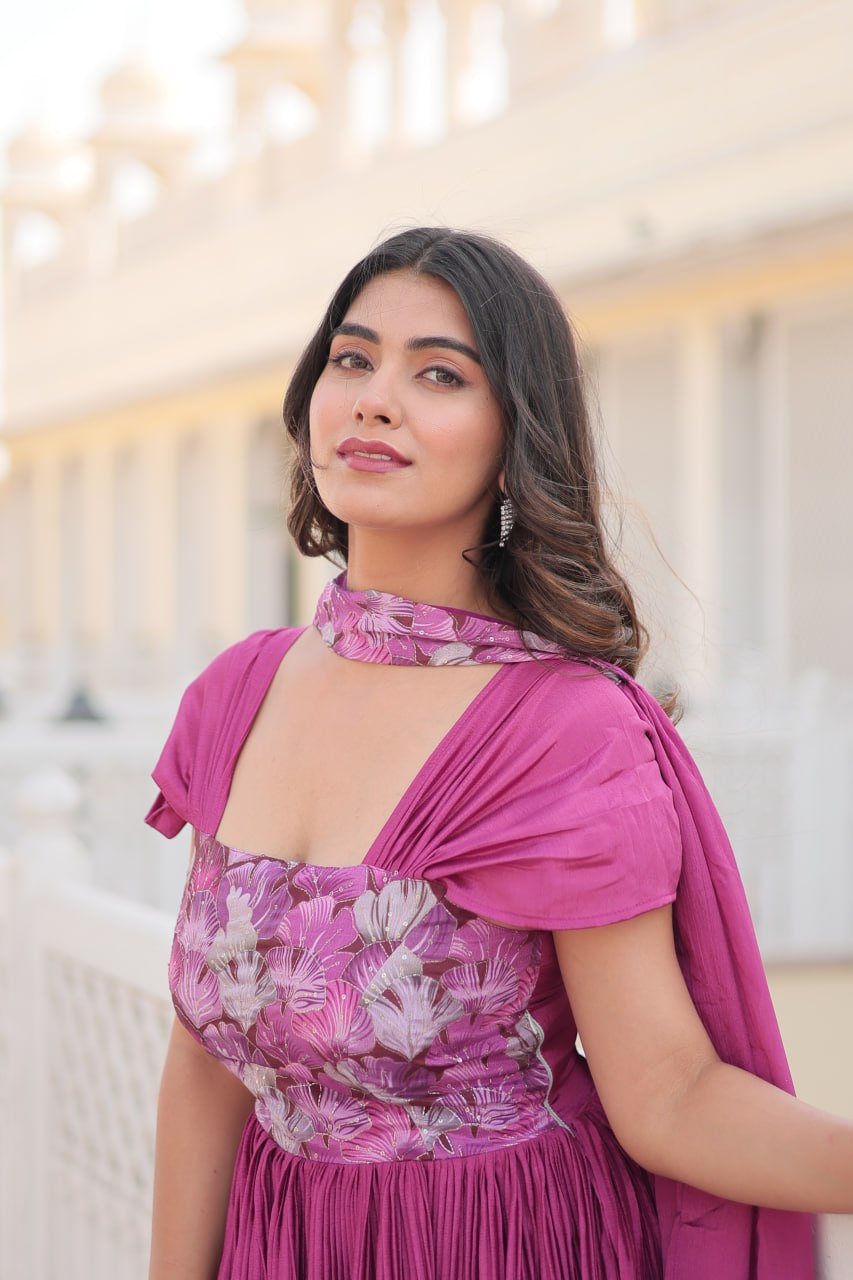 Designer Square Neck Pink Gown with Position Print, Fancy Balloon Sleeves & Matching Dupatta