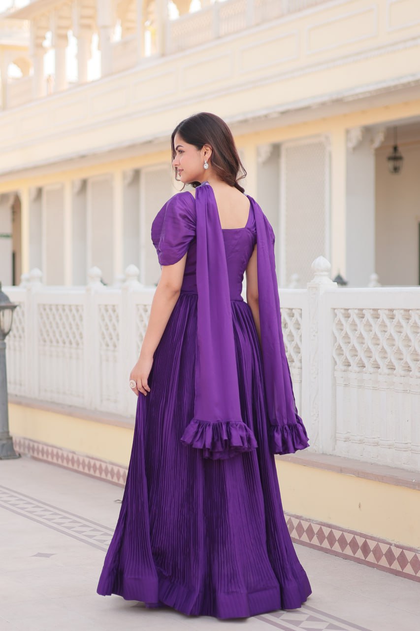 Designer Square Neck Purple Gown with Position Print, Fancy Balloon Sleeves & Matching Dupatta