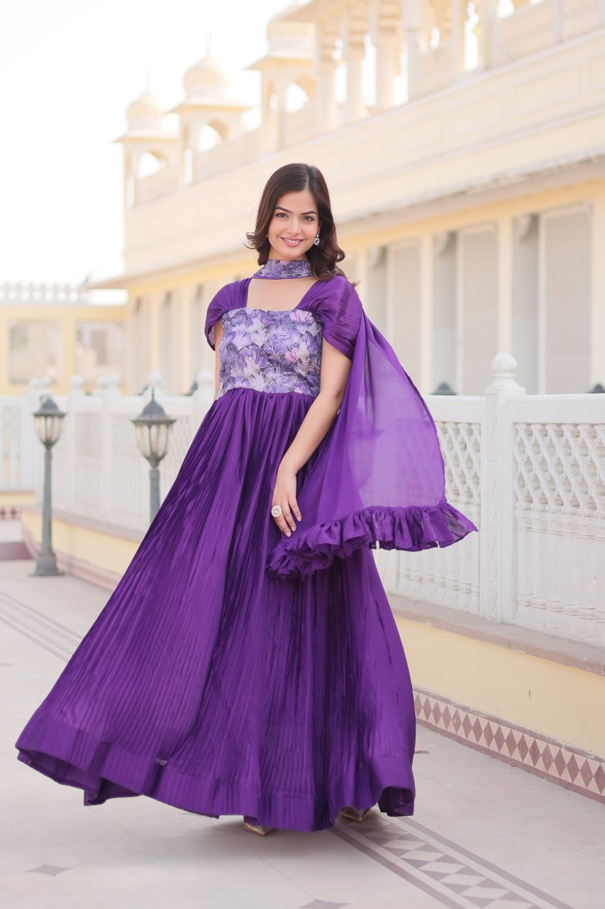 Designer Square Neck Purple Gown with Position Print, Fancy Balloon Sleeves & Matching Dupatta