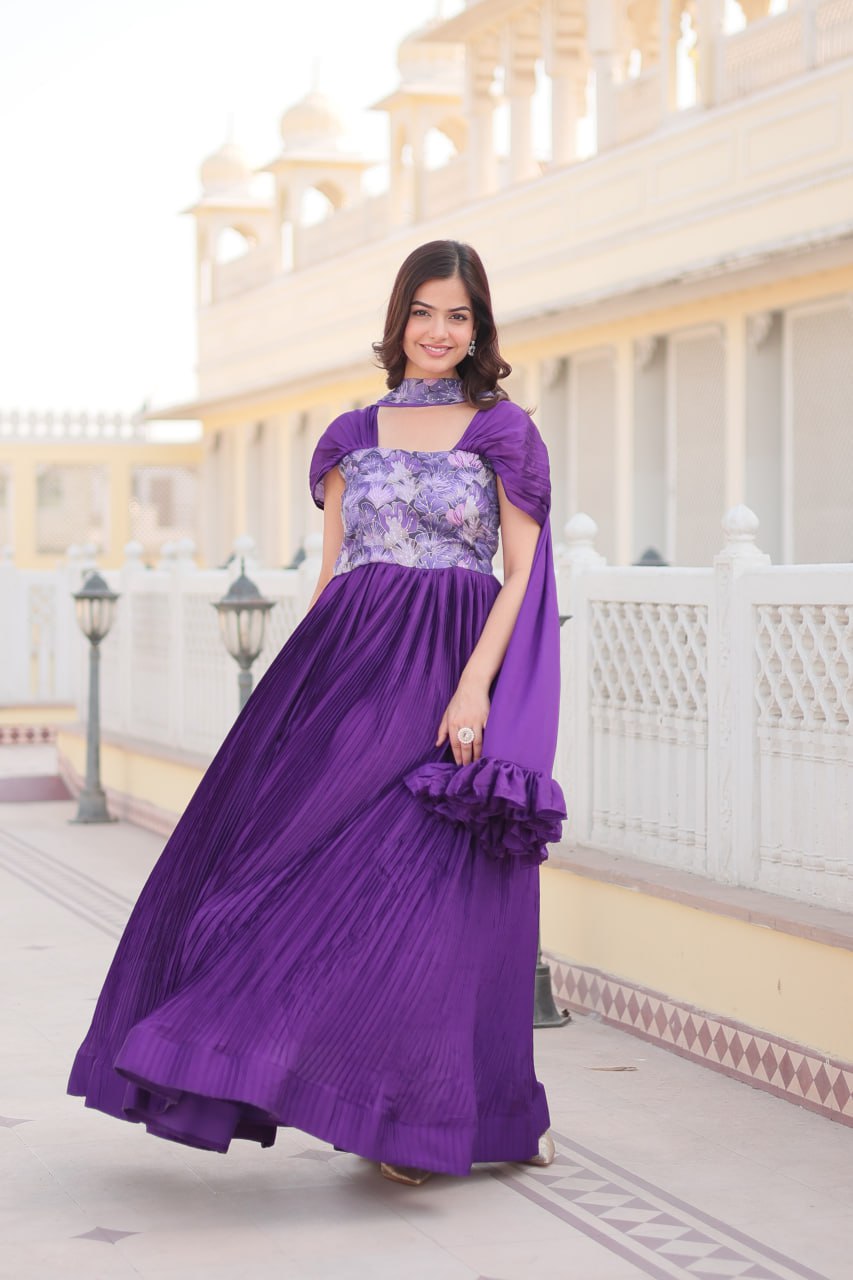 Designer Square Neck Purple Gown with Position Print, Fancy Balloon Sleeves & Matching Dupatta