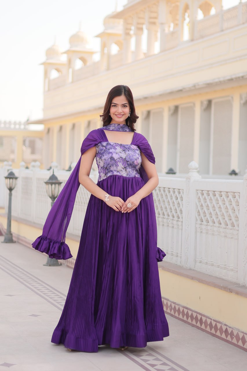 Designer Square Neck Purple Gown with Position Print, Fancy Balloon Sleeves & Matching Dupatta