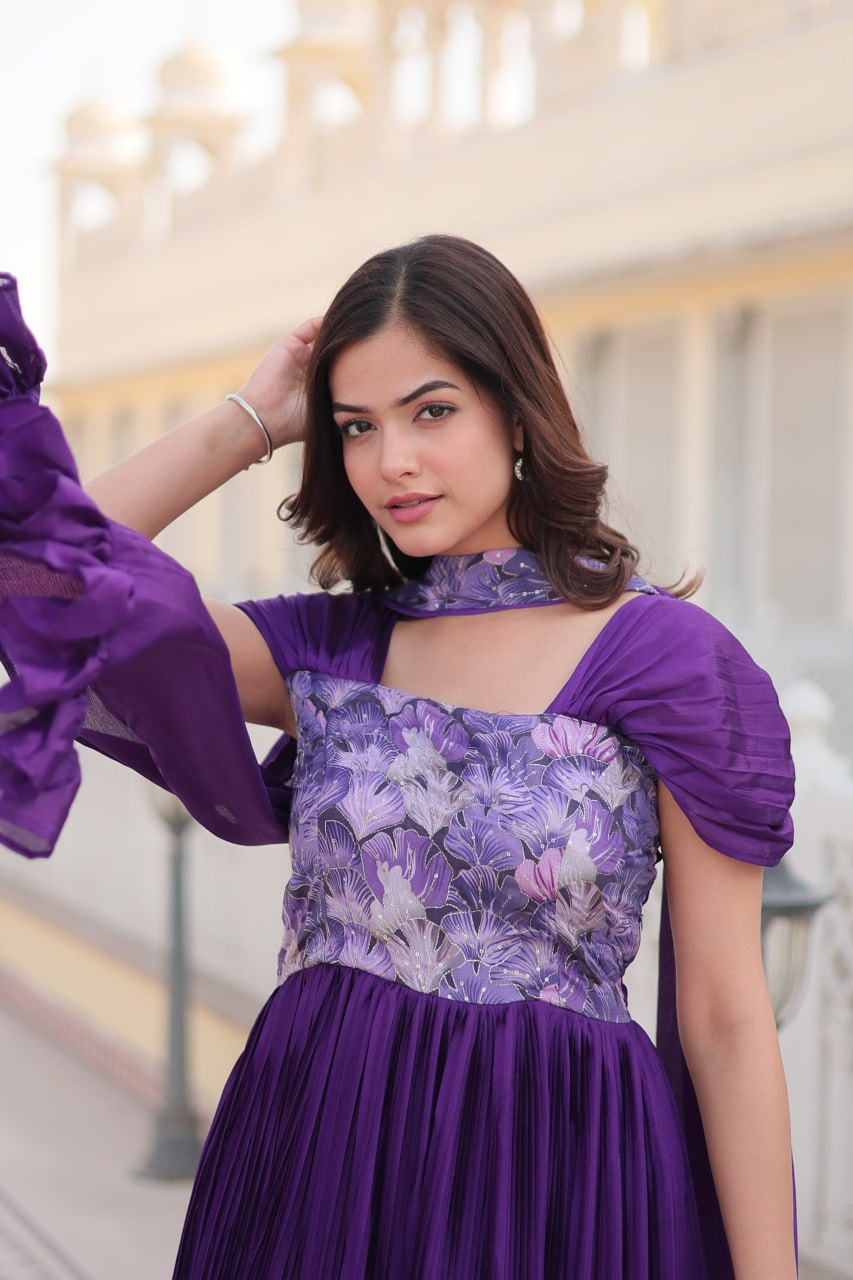Designer Square Neck Purple Gown with Position Print, Fancy Balloon Sleeves & Matching Dupatta
