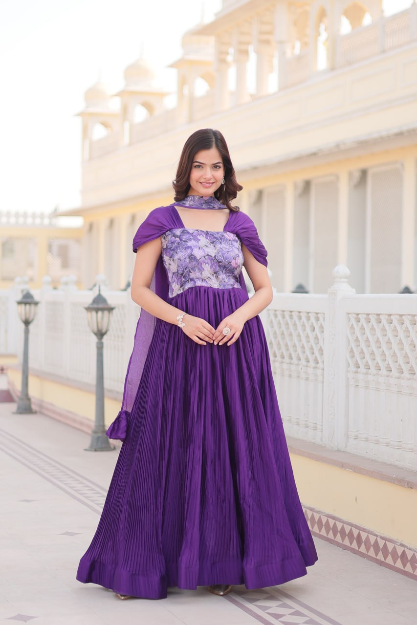 Designer Square Neck Purple Gown with Position Print, Fancy Balloon Sleeves & Matching Dupatta