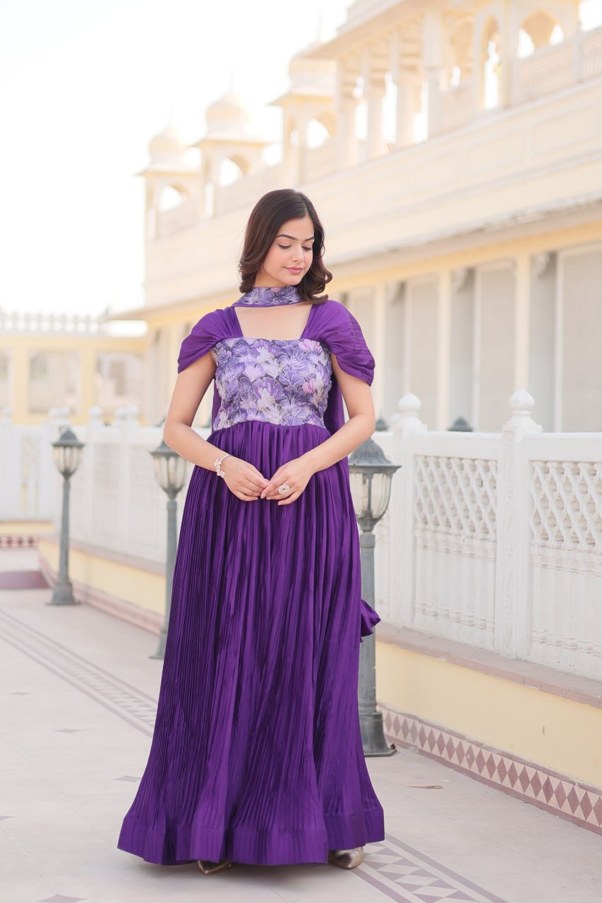 Designer Square Neck Purple Gown with Position Print, Fancy Balloon Sleeves & Matching Dupatta
