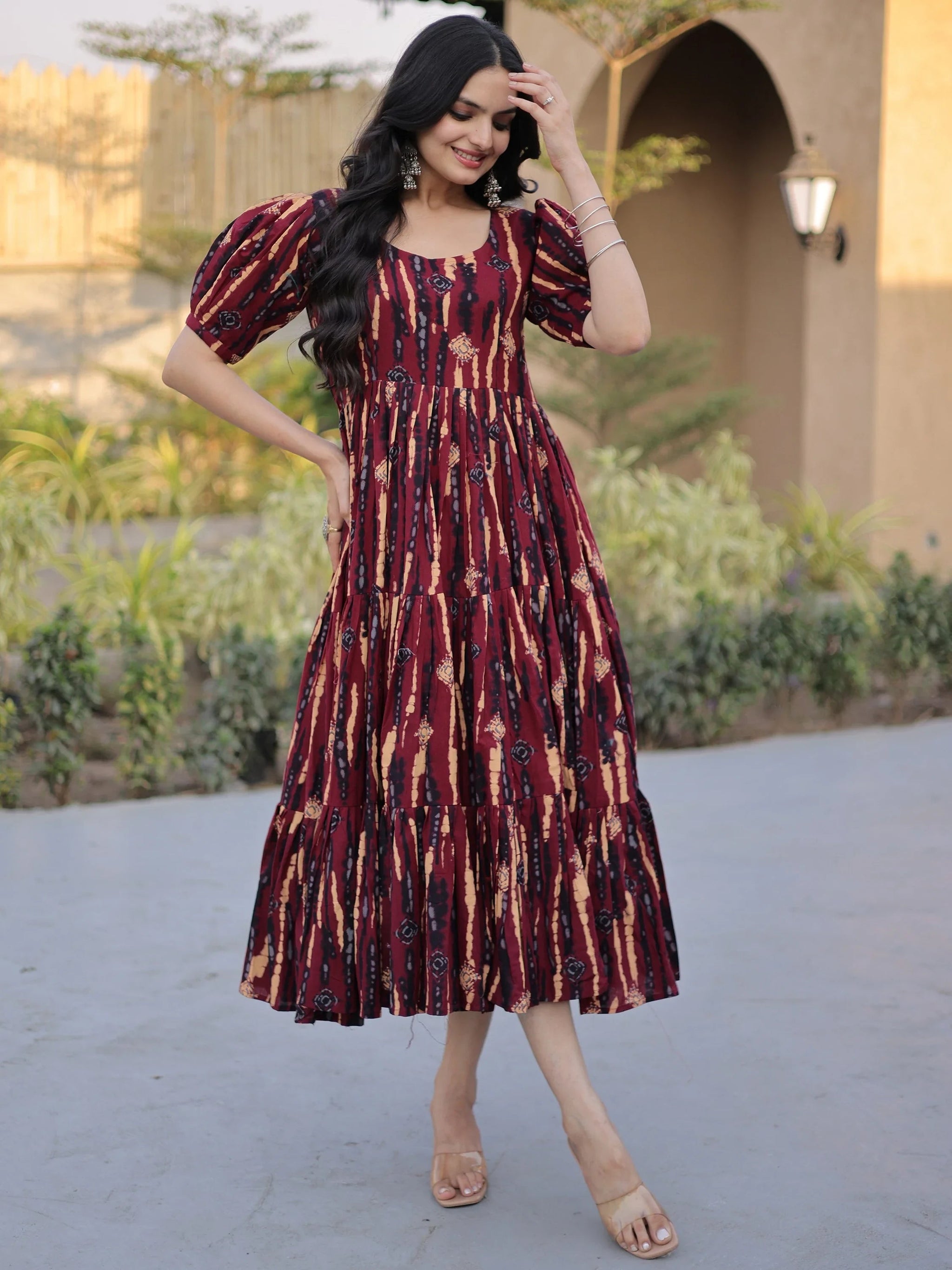 Wonderful Maroon Digital Printed Cotton Casual Wear Dress
