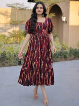 Wonderful Maroon Digital Printed Cotton Casual Wear Dress