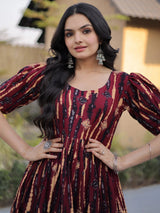 Wonderful Maroon Digital Printed Cotton Casual Wear Dress