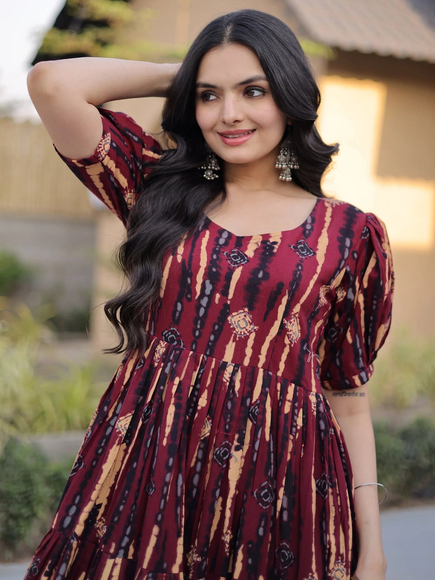 Wonderful Maroon Digital Printed Cotton Casual Wear Dress