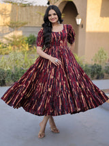 Wonderful Maroon Digital Printed Cotton Casual Wear Dress
