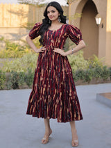Wonderful Maroon Digital Printed Cotton Casual Wear Dress