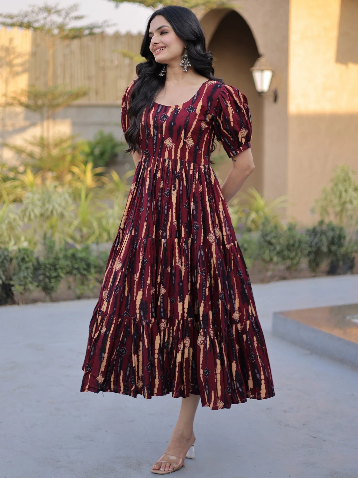 Wonderful Maroon Digital Printed Cotton Casual Wear Dress