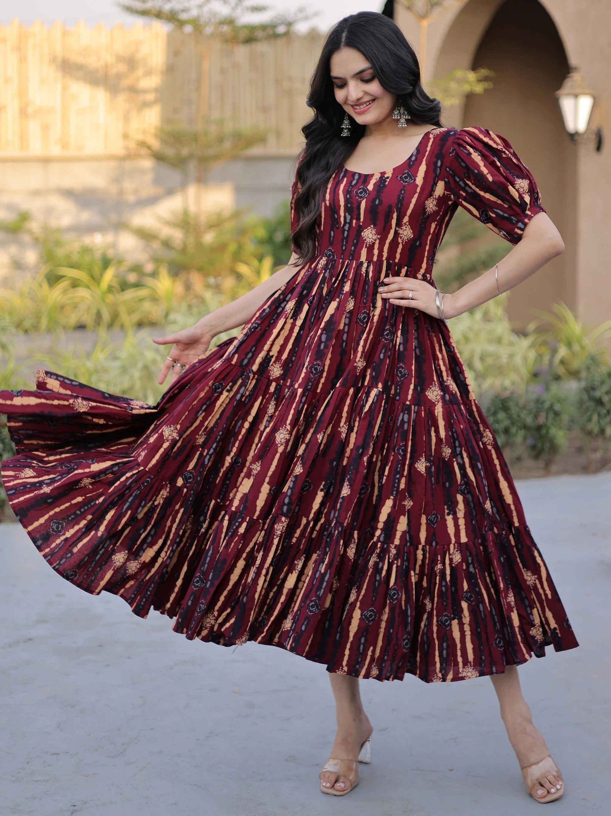 Wonderful Maroon Digital Printed Cotton Casual Wear Dress