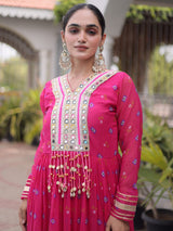 Outstanding Rani Pink Kutchi Patchwork Georgette Navratri Wear Gown