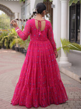 Outstanding Rani Pink Kutchi Patchwork Georgette Navratri Wear Gown