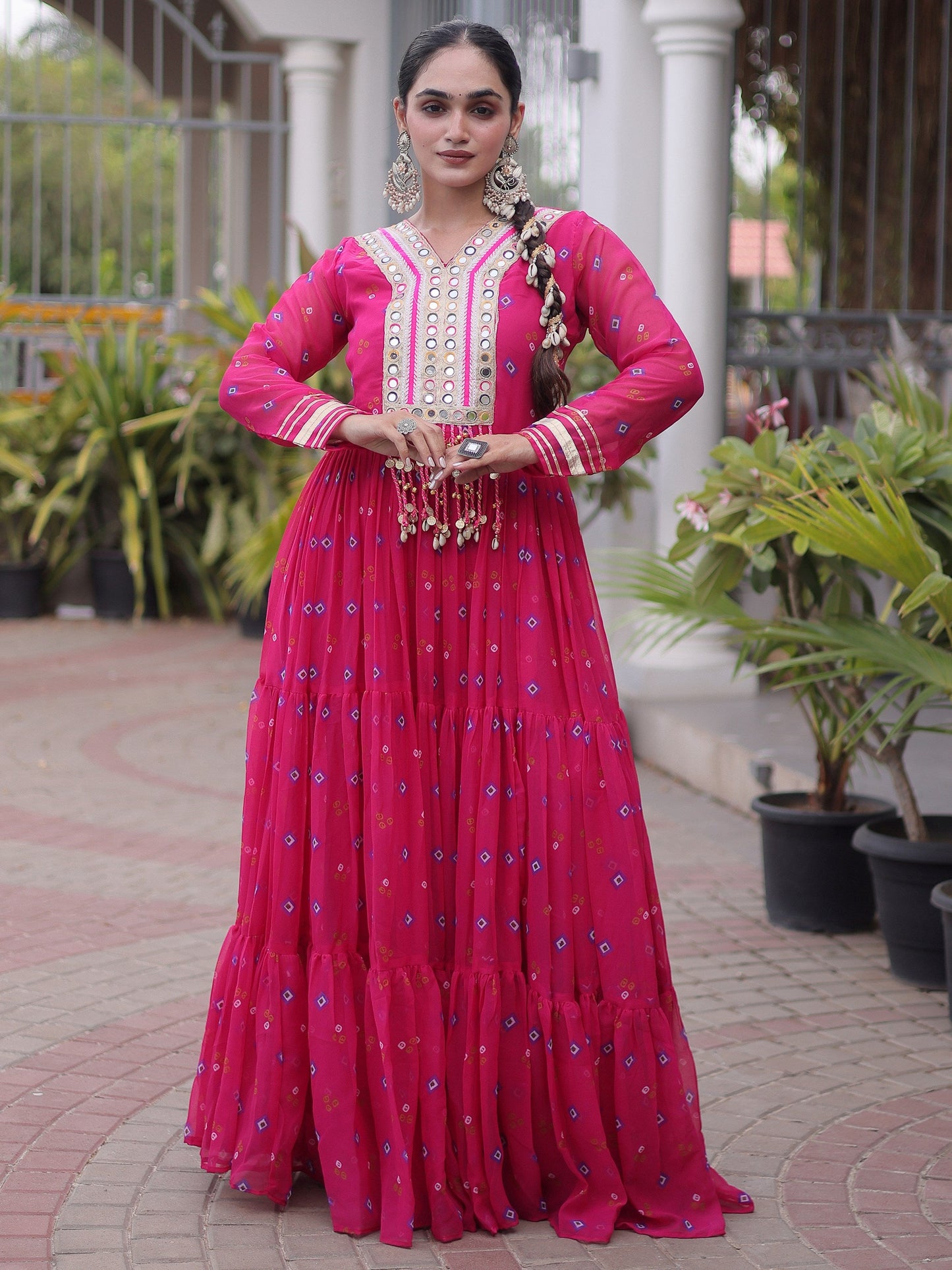 Outstanding Rani Pink Kutchi Patchwork Georgette Navratri Wear Gown
