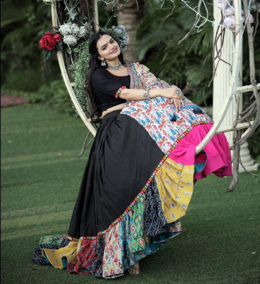 Black Rayon Fully Flared Fully Stitched Navratri Lehenga Set