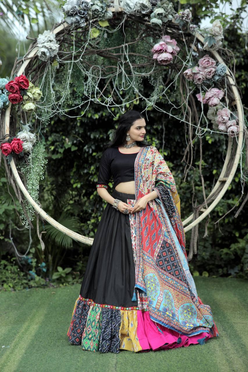 Black Rayon Fully Flared Fully Stitched Navratri Lehenga Set