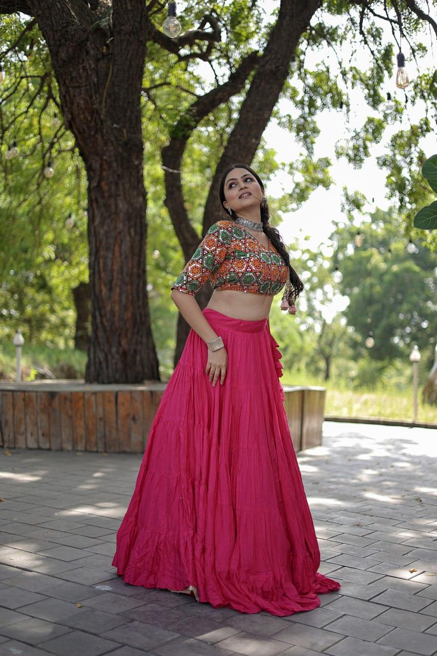 Navratri Wear Traditional Gamthi Worked Ruffle Lehenga Choli Set