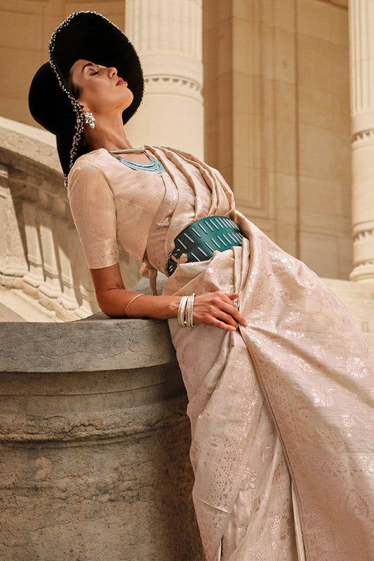 Cream Gota Zari Silk Saree With Blouse Piece Cream