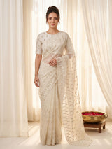Cream Pure Organza Silk Crush Saree Designer Party Wear Saree With Turkish Work Embroidered Cutwork Border Wedding Festive Saree
