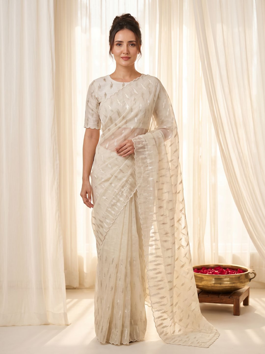 Cream Pure Organza Silk Crush Saree Designer Party Wear Saree With Turkish Work Embroidered Cutwork Border Wedding Festive Saree