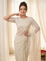 Cream Pure Organza Silk Crush Saree Designer Party Wear Saree With Turkish Work Embroidered Cutwork Border Wedding Festive Saree