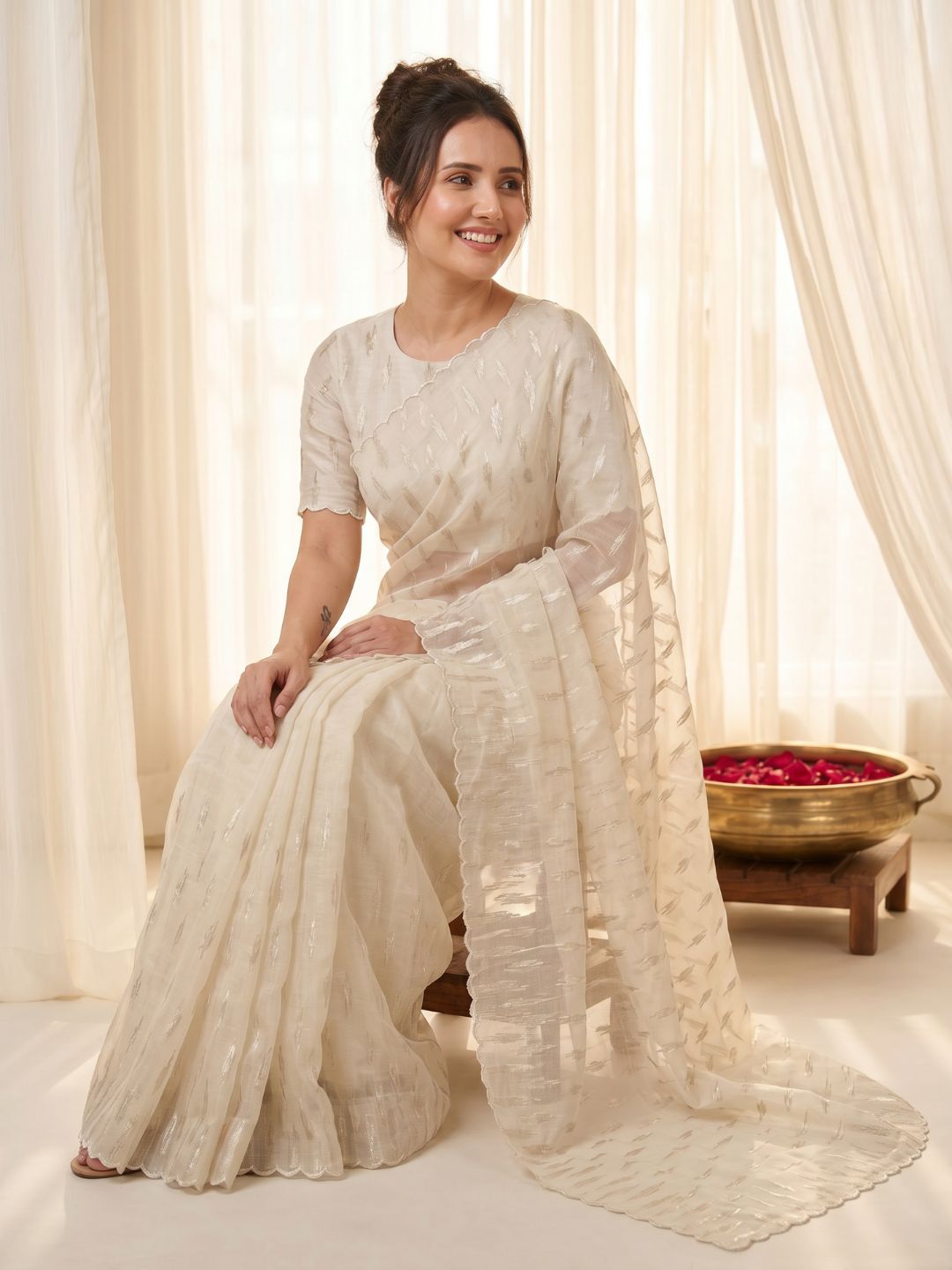Cream Pure Organza Silk Crush Saree Designer Party Wear Saree With Turkish Work Embroidered Cutwork Border Wedding Festive Saree