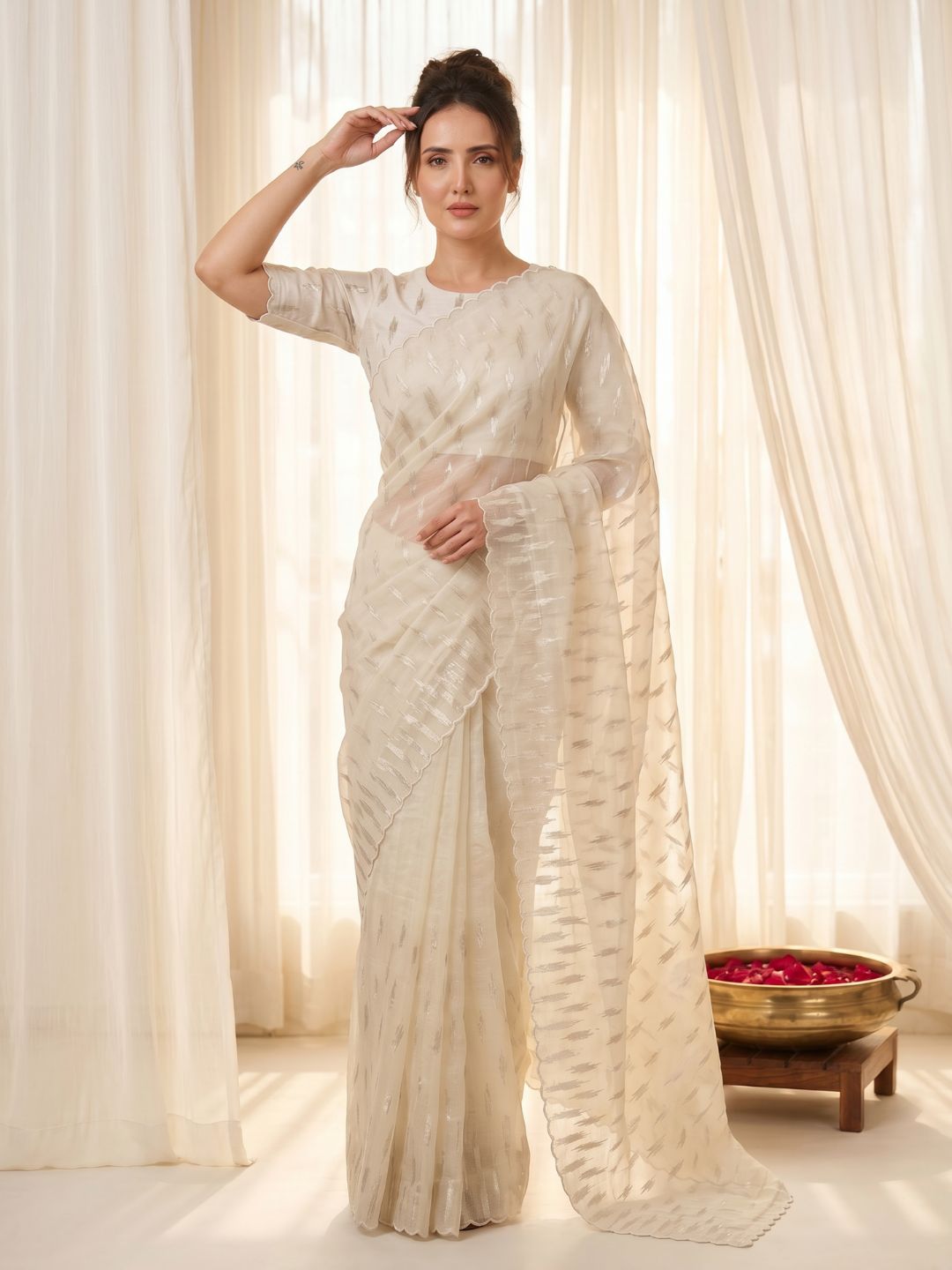 Cream Pure Organza Silk Crush Saree Designer Party Wear Saree With Turkish Work Embroidered Cutwork Border Wedding Festive Saree