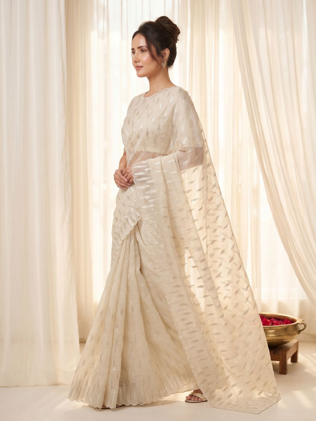 Cream Pure Organza Silk Crush Saree Designer Party Wear Saree With Turkish Work Embroidered Cutwork Border Wedding Festive Saree